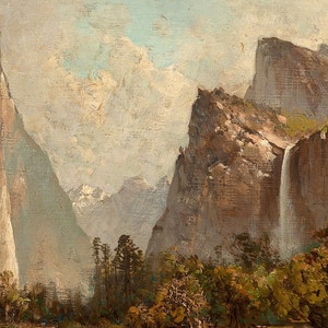 May include: A painting depicting a dramatic landscape with two towering cliffs and a waterfall cascading down the right cliff. The cliffs are painted in shades of brown and gray, with hints of green foliage at the base. The sky is a soft blue with wispy white clouds.