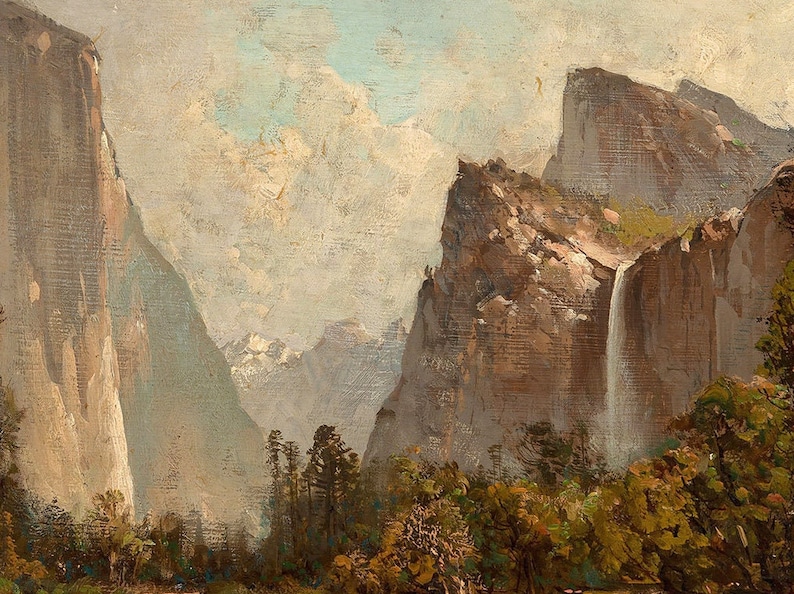 May include: A painting depicting a dramatic landscape with two towering cliffs and a waterfall cascading down the right cliff. The cliffs are painted in shades of brown and gray, with hints of green foliage at the base. The sky is a soft blue with wispy white clouds.