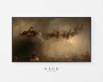 Cuadro navideño con marco para TV, trineo de Papá Noel y renos, pintura al óleo vintage