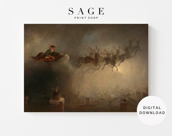 Arte navideño imprimible / Pintura al óleo vintage de Papá Noel y renos / Descarga digital / 115