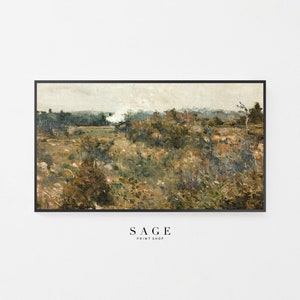 Op de afbeelding: Een schilderij van een landschap met een veld vol hoog gras en bomen op de achtergrond. De lucht is lichtblauw met wat wolken. Het schilderij is gemaakt in een stijl die doet denken aan het impressionisme.