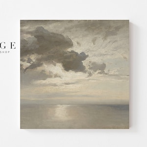 May include: Square print of a seascape with a cloudy sky. The artwork features a muted color palette of gray, beige, and white. The text "SAGE PRINT SHOP" is in the upper left corner. The print depicts a calm sea reflecting the light from the sky.