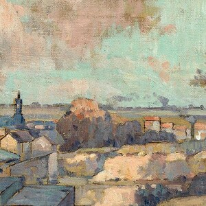 Puede incluir: Una pintura que representa un paisaje con un pueblo en la distancia. El cielo es de un azul claro con nubes rosadas y blancas. El pueblo est&aacute; formado por edificios con techos marrones y grises. Hay &aacute;rboles en primer plano.