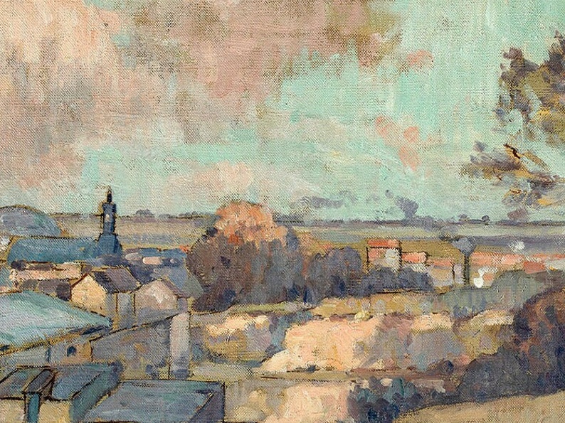 Puede incluir: Una pintura que representa un paisaje con un pueblo en la distancia. El cielo es de un azul claro con nubes rosadas y blancas. El pueblo est&aacute; formado por edificios con techos marrones y grises. Hay &aacute;rboles en primer plano.