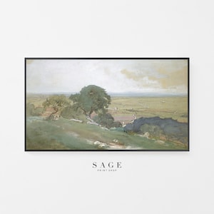 May include: A painting of a landscape with a rolling green hill, a winding road, and a distant view of a valley. The sky is a pale blue with wispy clouds. The painting is done in a soft, muted palette of greens, browns, and blues.