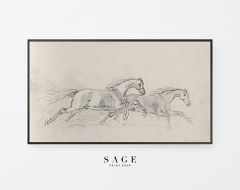 May include: A black and white pencil sketch of two horses running side by side. The horses are drawn in a realistic style, with detailed musculature and flowing manes.