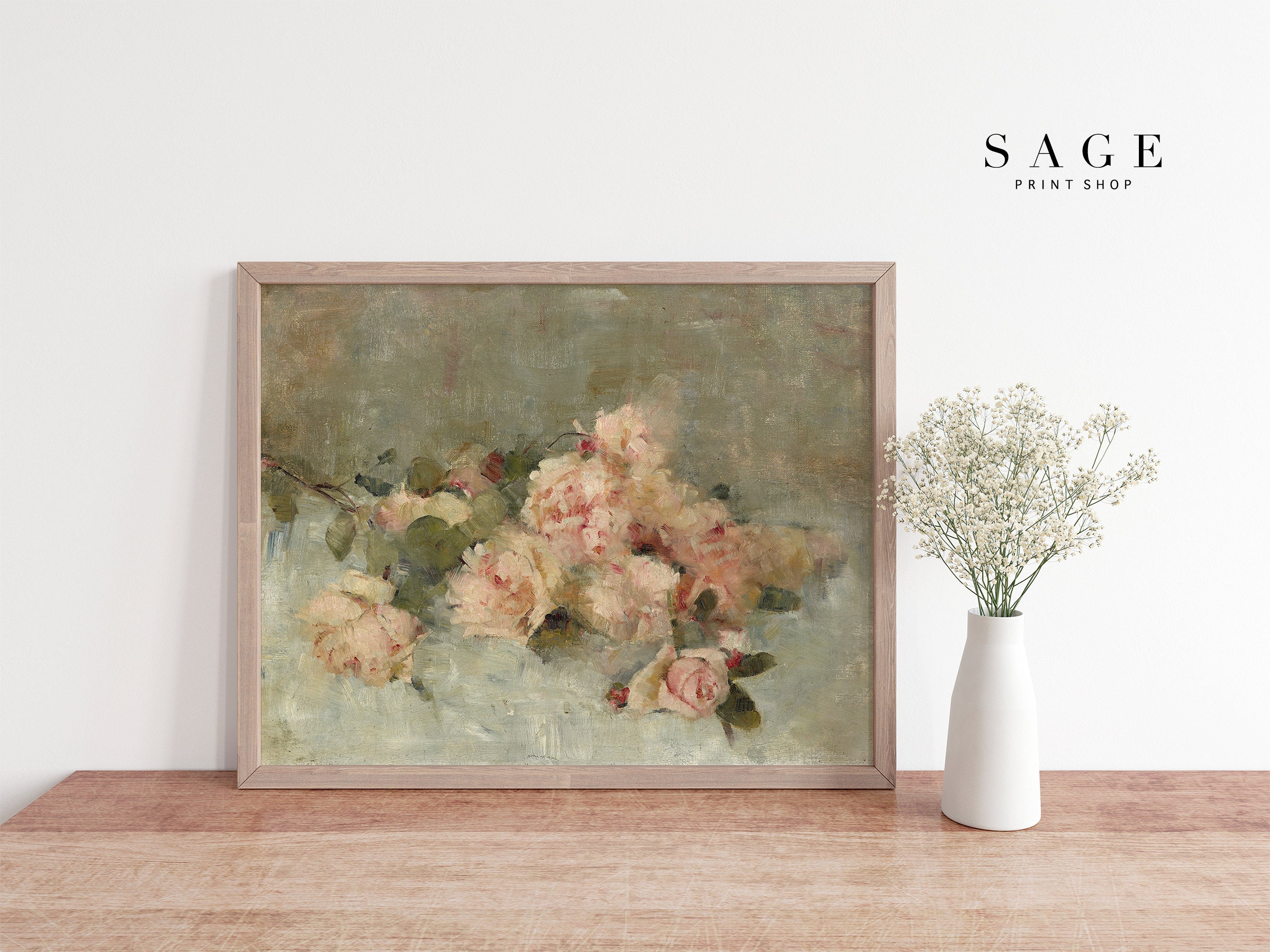 Vintage Pink Roses Painting | Floral Still Life Wall Art (digital ...