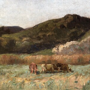 May include: A painting of a rural landscape with rolling hills and a group of cows grazing in a field. The sky is a light blue with some clouds. The hills are green and brown, and the field is a light green.