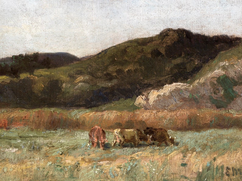 May include: A painting of a rural landscape with rolling hills and a group of cows grazing in a field. The sky is a light blue with some clouds. The hills are green and brown, and the field is a light green.