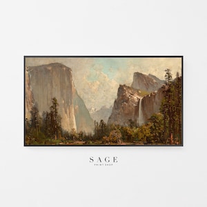 May include: A vintage painting of a mountain landscape with a waterfall cascading down a rocky cliff. The painting features a muted color palette of browns, greens, and blues, with a hazy sky in the background.