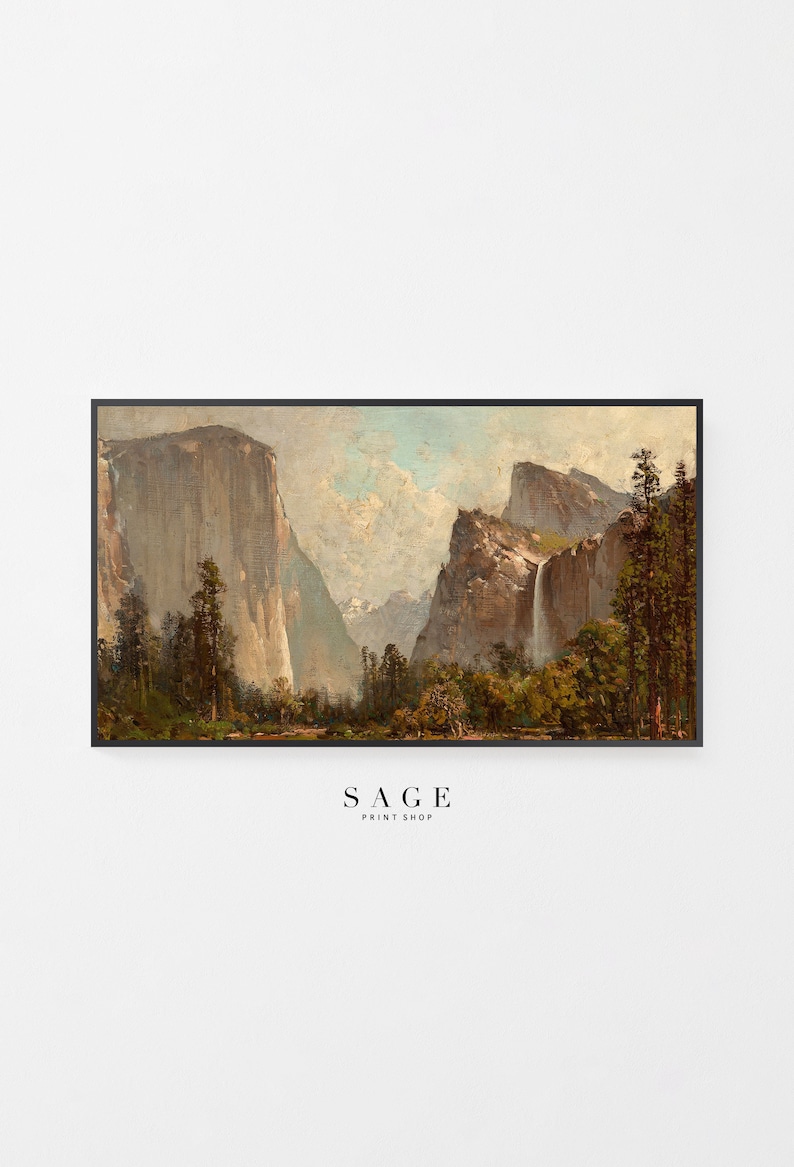 May include: A vintage painting of a mountain landscape with a waterfall cascading down a rocky cliff. The painting features a muted color palette of browns, greens, and blues, with a hazy sky in the background.