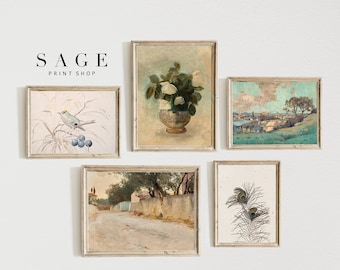 French Country Gallery Wall Art Set, Vintage Blue-Green Prints (Digital Download)