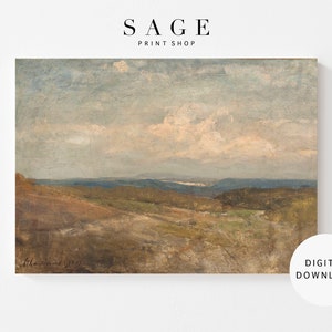 Puede incluir: Una descarga digital de una pintura que representa un paisaje con colinas onduladas, un valle distante y un cielo nublado. La pintura está realizada en tonos apagados de marrón, verde y azul.