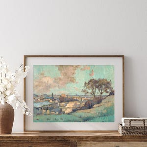 Pintura al óleo vintage de paisaje francés / Arte mural en verde azulado / Descarga digital / Varios tamaños imagen 2