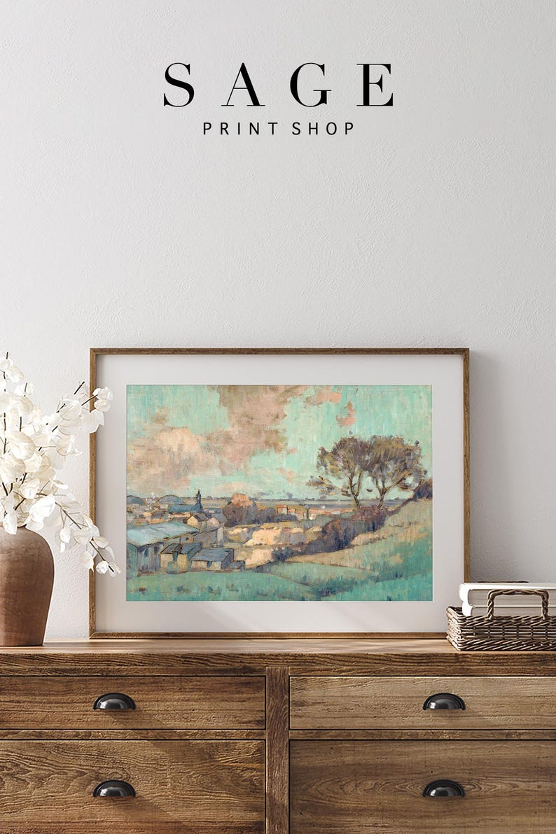 Pintura al óleo vintage de paisaje francés / Arte mural en verde azulado / Descarga digital / Varios tamaños imagen 2