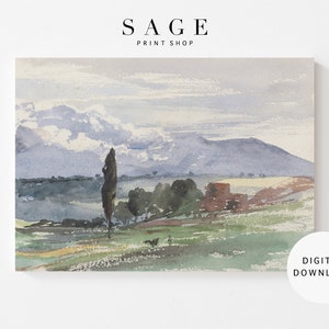 Italian Landscape Watercolor Painting | Vintage Tuscan Countryside Wall Art | Cypress Tree Vintage Wall Art | Printable | 032