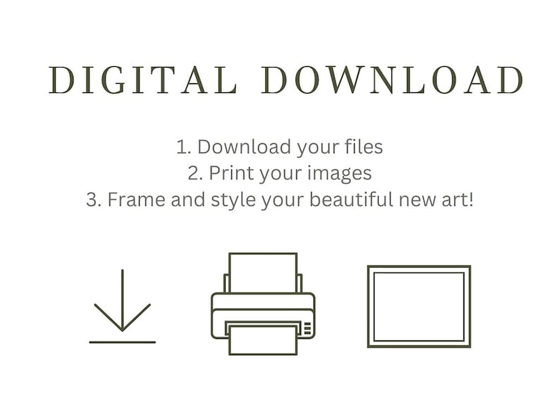 K&ouml;nnte beinhalten: Anleitung zum digitalen Download mit Symbolen zum Herunterladen, Drucken und Einrahmen von Kunstwerken. Der Text lautet "DIGITALER DOWNLOAD 1. Laden Sie Ihre Dateien herunter 2. Drucken Sie Ihre Bilder 3. Rahmen Sie Ihre sch&ouml;ne neue Kunst ein!"