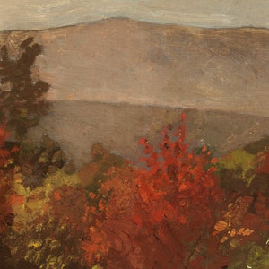 K&ouml;nnte beinhalten: Ein Gem&auml;lde einer Landschaft mit einem Gebirge im Hintergrund. Der Vordergrund ist mit B&auml;umen und B&uuml;schen in Rot-, Orange-, Gelb- und Gr&uuml;nt&ouml;nen gef&uuml;llt.