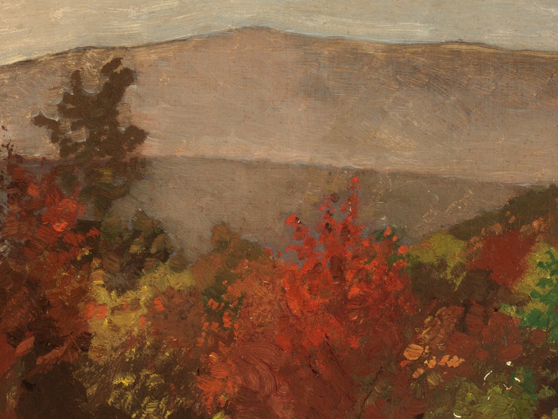 K&ouml;nnte beinhalten: Ein Gem&auml;lde einer Landschaft mit einem Gebirge im Hintergrund. Der Vordergrund ist mit B&auml;umen und B&uuml;schen in Rot-, Orange-, Gelb- und Gr&uuml;nt&ouml;nen gef&uuml;llt.