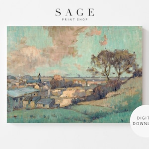 Puede incluir: Una pintura de un paisaje campestre con un pueblo en la distancia. El cielo es de un azul claro con nubes blancas. Hay &aacute;rboles en primer plano y una colina en el medio. La pintura est&aacute; hecha en un estilo pict&oacute;rico con pinceladas visibles.