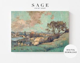 French Landscape Vintage Oil Painting | Mint Green Wall Art | Digital Download | 097
