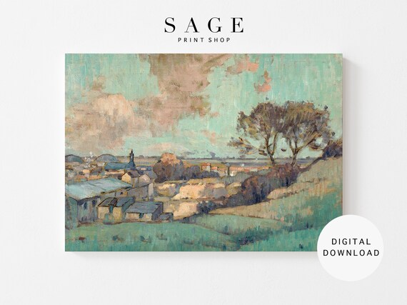 French Landscape Vintage Oil Painting | Teal Wall Art | Digital Download | Multiple Sizes