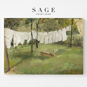 Laundry Room Wall Art | Drying Laundry Oil Painting | Vintage Hanging Laundry Print | 153