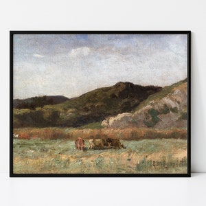 May include: A painting of a rural landscape with rolling hills, a cloudy sky, and a group of cows grazing in a field.