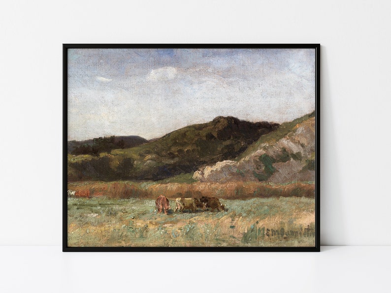 May include: A painting of a rural landscape with rolling hills, a cloudy sky, and a group of cows grazing in a field.