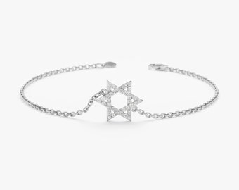 Star Of David Bracelet with Diamond Stones Jewish Star Bracelet-Israel Jewelry- Sterling Silver or 14K Solid Gold Options- Bat Mitzvah Gift