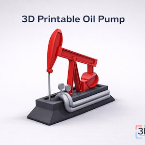 Puede incluir: Modelo de bomba de aceite imprimible en 3D en rojo y gris, sobre un fondo blanco. El modelo presenta una estructura de bomba roja sobre una base gris con tuberías plateadas. El texto "3D Printable Oil Pump" se muestra arriba.