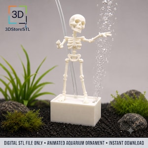 May include: A white 3D printed skeleton figurine standing on a rectangular base, designed as an aquarium ornament. The skeleton is positioned with one arm extended toward a vertical stream of rising air bubbles. The text 3DStoreSTL is visible.