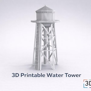 May include: A 3D-rendered model of a water tower, featuring a cylindrical tank atop a lattice-style support structure with a ladder. The text "3D Printable Water Tower" is displayed below the model. The image is in grayscale.