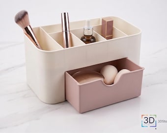 Makeup Organizer STL File | 3D Print Vanity Storage Box with Drawer | Desk Organizer Digital Download | Cosmetic Display 3D Model