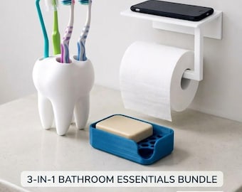 3-in-1 Bathroom Essentials Bundle (STL Files): Toothbrush Holder, Honeycomb Soap Dish, & Shelf Toilet Paper Holder