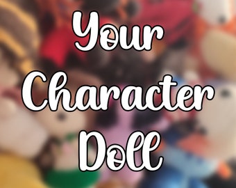 Könnte beinhalten: Eine weiße Textgrafik auf einem verschwommenen Hintergrund aus buntem Stoff. Der Text lautet "Your Character Doll."
