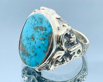 Men’s Natural Turquoise Stone Silver Ring – Handmade Sterling Silver Jewelry