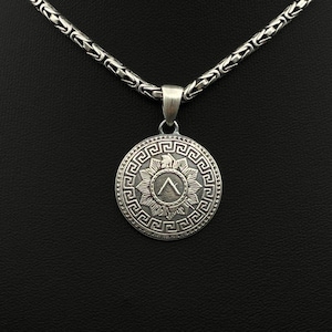 Sterling Silver Spartan Pendant Shield Necklace Greek Mythology Warrior Meander Medallion Protection Amulet