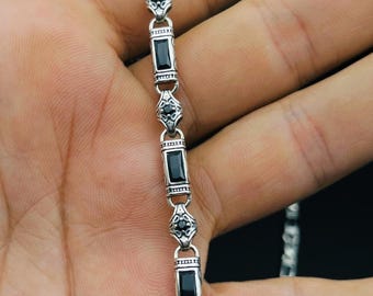 Men's Black Onyx Stone Silver Bracelet , Handmade Byzantine Link