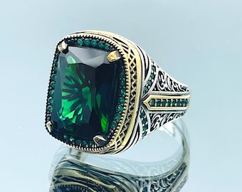 Emerald Green Stone Ring: Handmade 925 Sterling Silver Ottoman Style