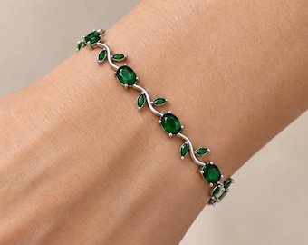 Women's Emerald Bracelet, 925 Sterling Silver, Green Stone Floral and Leaf Link Jewelry