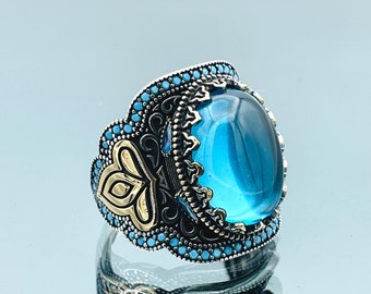 Blue Yemeni Aqeeq Stone Silver Men Ring, 925 Sterling Silver