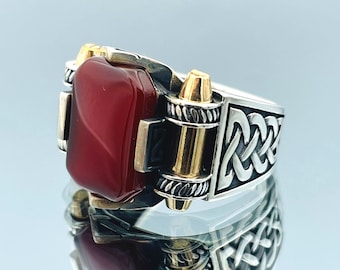 Handmade Sterling Silver Aqeeq Ring: Dark Red Agate Stone, Mens Jewelry