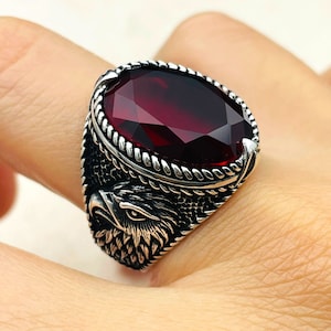 Red Ruby Stone Mens Silver Ring, Turkish Handmade Ring, Eagle Detailed Ring, 925 Sterling Silver Ring, Red Stone Silver Ring, Gift For Him