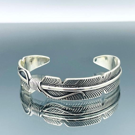 Silver Feather Cuff Bracelet, 925 Sterling Native American Style