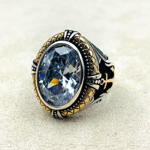 Mens White Zircon Stone Silver Ring, Anchor Detailed Ring, Turkish Handmade Silver Ring, 925 Sterling Silver,Silver Jewelry,Gift Hor Him