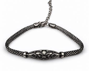 Fleur de Lis Bracelet, 925 Sterling Silver, Oxidized Italian Mesh Chain, Unisex Design