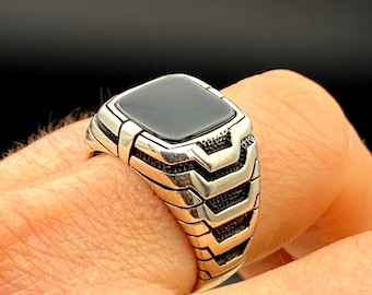 Mens Black Onyx Ring: Handmade 925 Sterling Silver Ottoman Design