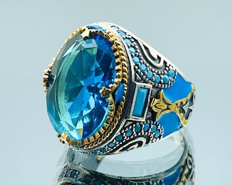 Aquamarine Stone Sterling Silver Men's Ring: Ottoman Engraved Design