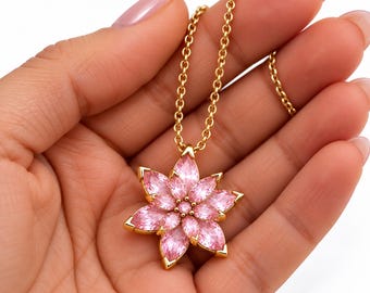 Pink Quartz Floral Necklace, 14K Gold Plated 925 Sterling Silver, Layered Lotus Pendant